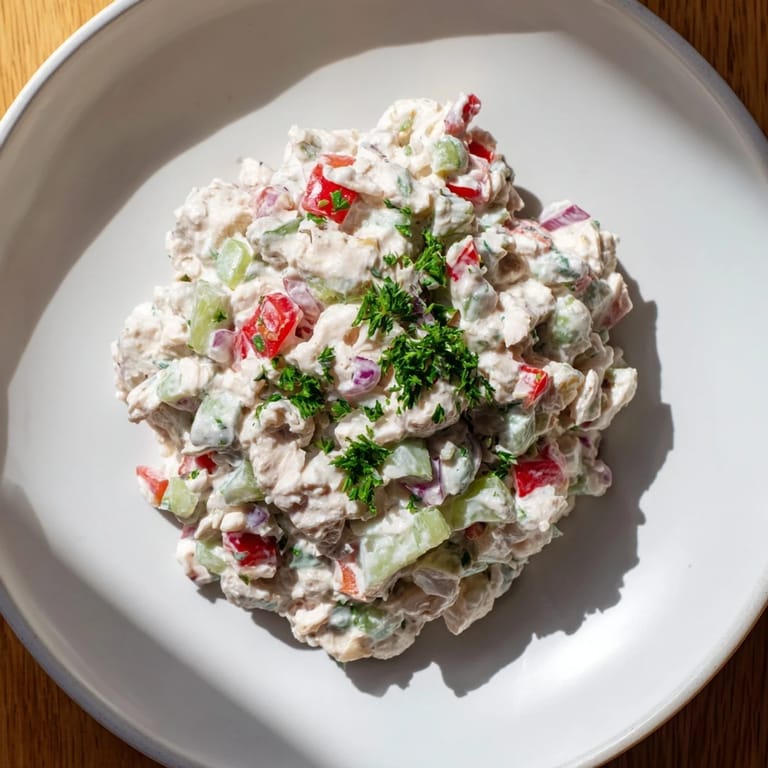A vibrant close-up: Canned chicken salad with Mrs. Dash, fresh parsley, and a tangy lemon dressing.