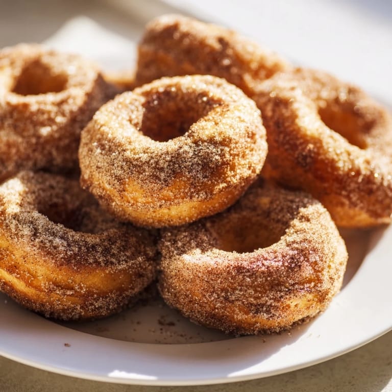 Close-up of golden brown cinnamon-sugar baked donuts, a delicious, easy treat for anyone.