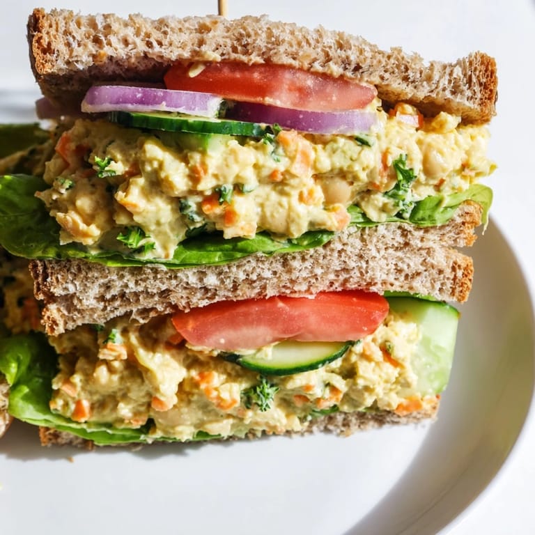 Golden-crusted Easy Chickpea Salad Sandwich halves, ready to eat, served alongside fresh cucumber.