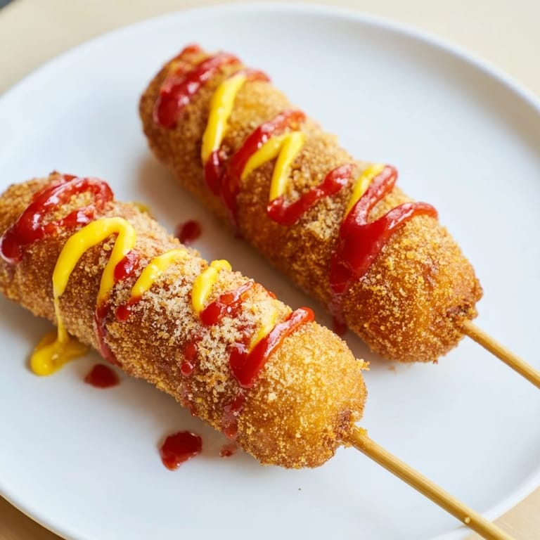 Close-up of freshly fried Korean-inspired corn dogs, with crispy exteriors, ready to be served.