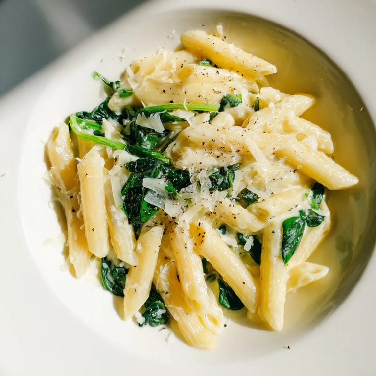 A close-up of finished Creamy Spinach Pasta, creamy sauce glistening over the penne pasta.