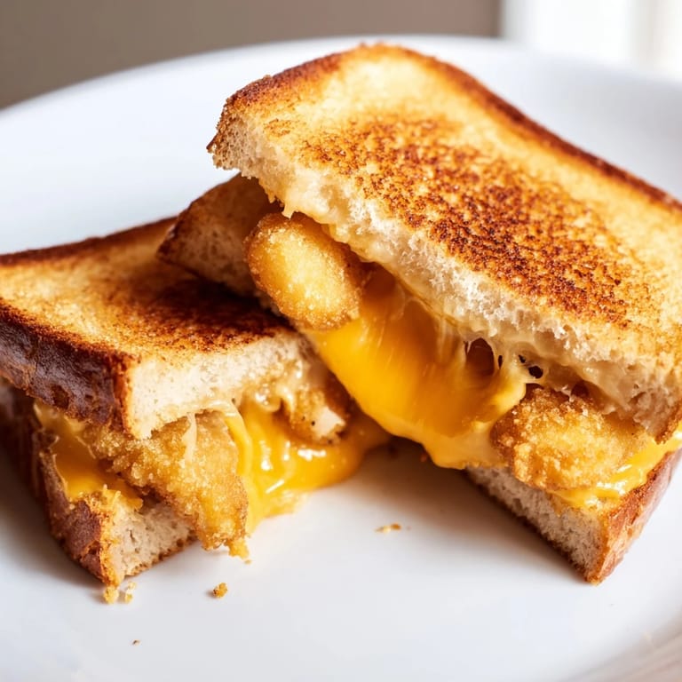 Warm, gooey cheese pulls apart as you slice into a Chicken Nugget Grilled Cheese sandwich.