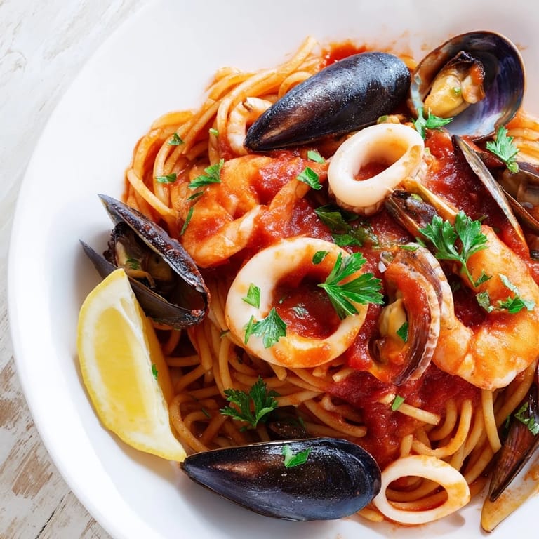 Fragrant Seafood Marinara Pasta, with tender seafood and herbs, served steaming and delicious in a bowl.