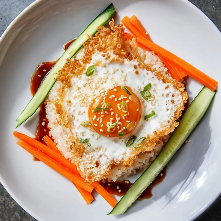 Vibrant vegetables and a runny yolk enhance the savory flavors of this easy Crispy Egg Rice Bowl recipe.