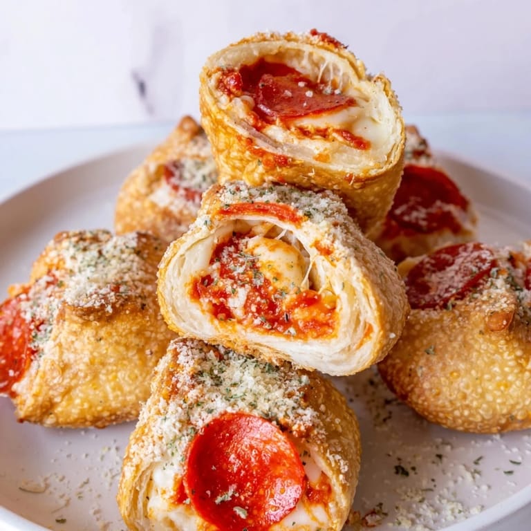 Close-up of freshly air fried pizza rolls, inviting viewers to savor the delicious, cheesy recipe.