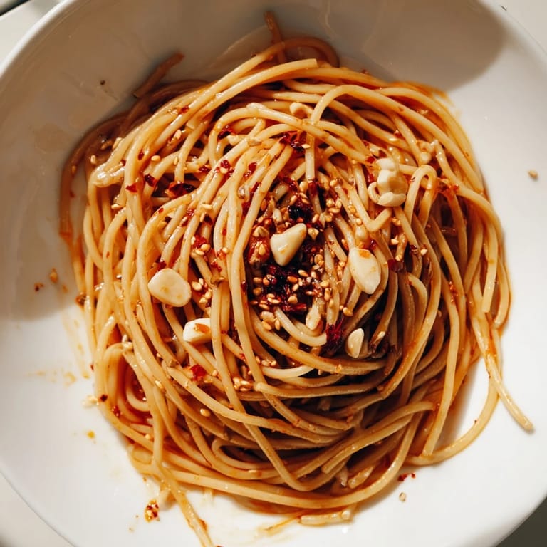 Close-up of glossy Garlic Chili Oil Noodles, garnished with scallions; a quick and tasty weeknight meal.
