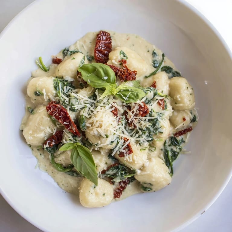 A flavorful skillet of Creamy Tuscan Gnocchi, garnished with fresh basil and Parmesan cheese.