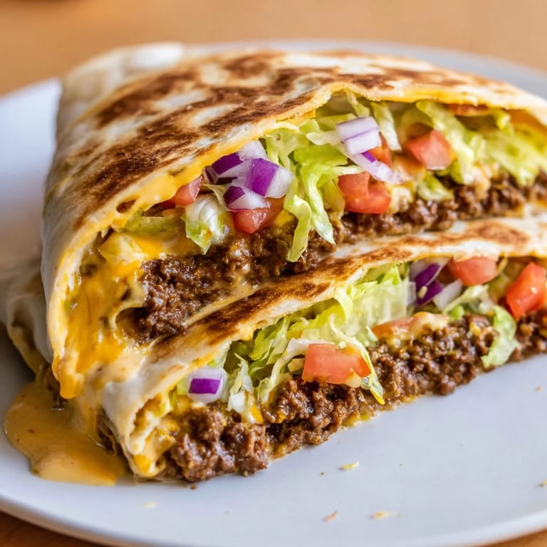 This photo depicts a deliciously assembled Taco Bell Crunchwrap Supreme, perfectly grilled, ready to eat.