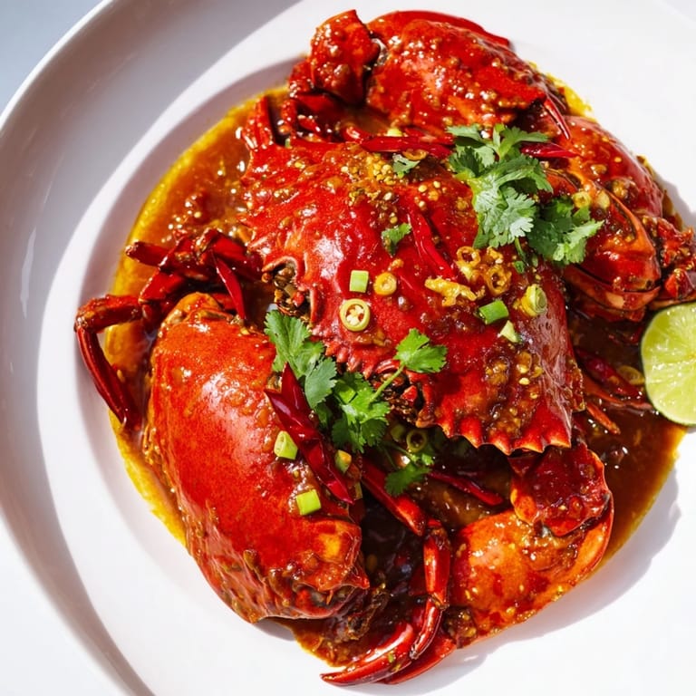 Enjoy delicious Singaporean chili crab: a flavorful dish with a rich, spicy tomato-based sauce.
