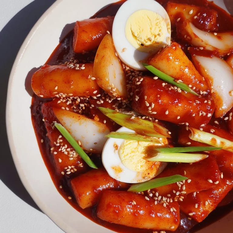 A close-up shot of Korean Tteokbokki with tender boiled eggs, and a glistening sauce.