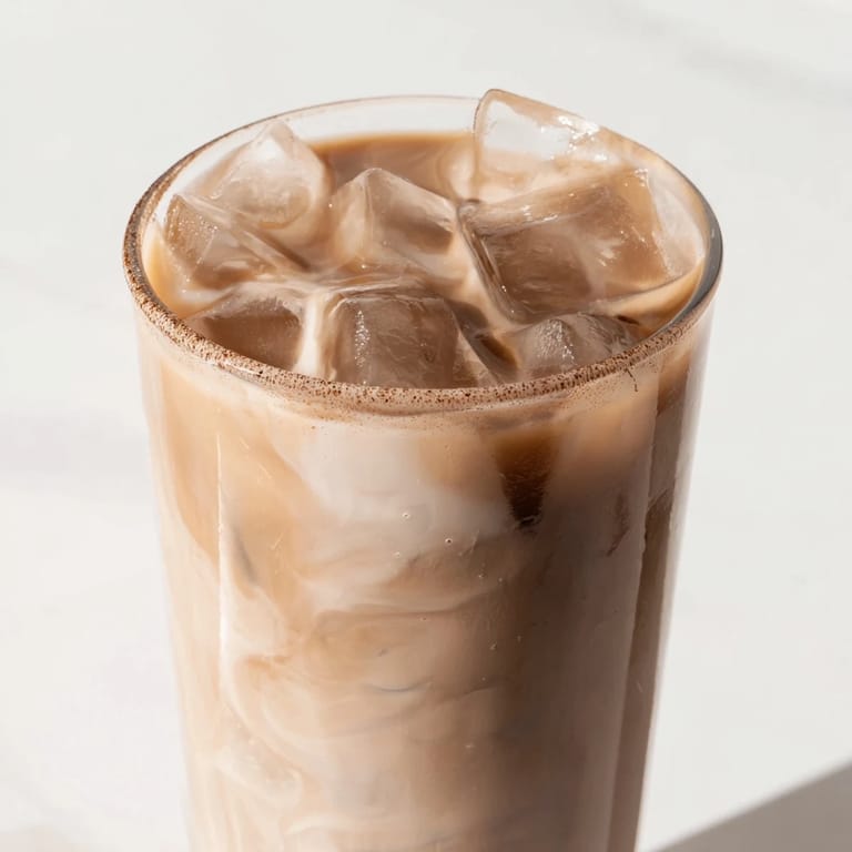 A vibrant photo of a homemade Milo Ice Latte, rich in chocolate flavor, ready to enjoy.