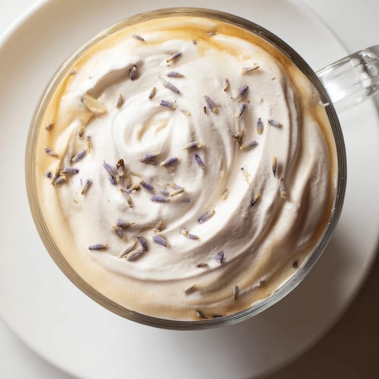 Enjoy a fragrant and calming homemade whipped lavender latte, a delightful and delicious treat.
