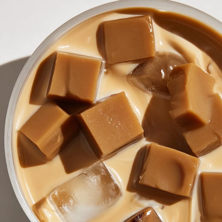 Cool, clear glass reveals a layered Coffee Jelly Drink, inviting a sweet, milky sip.