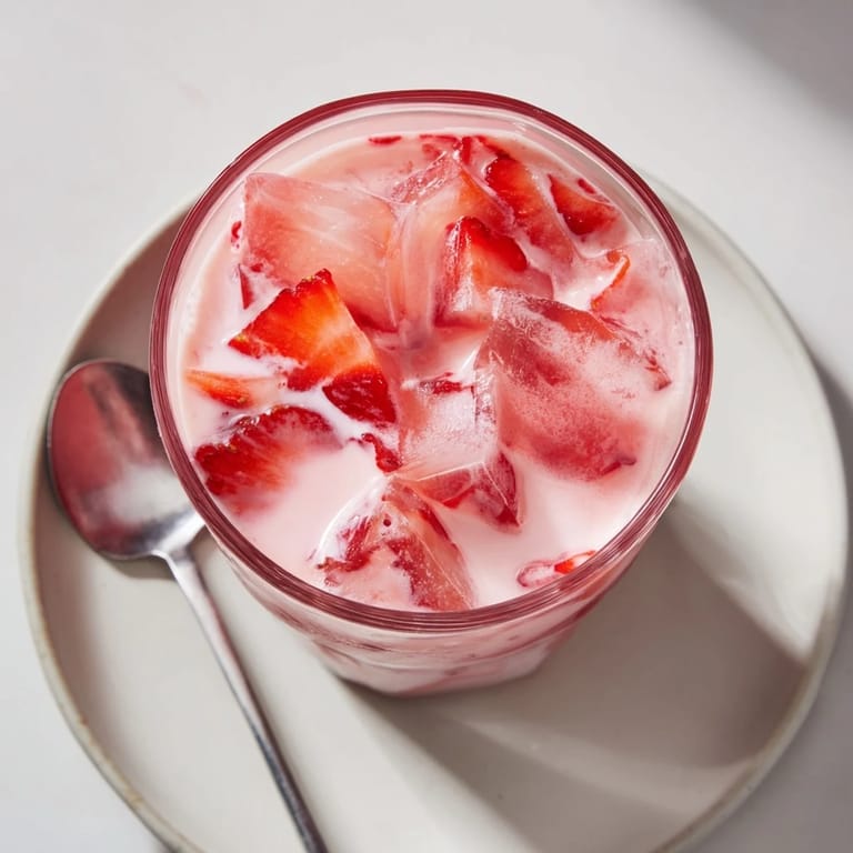 Pouring the creamy Copycat Pink Drink, a beautiful blend of pink hues, over fresh strawberry slices.