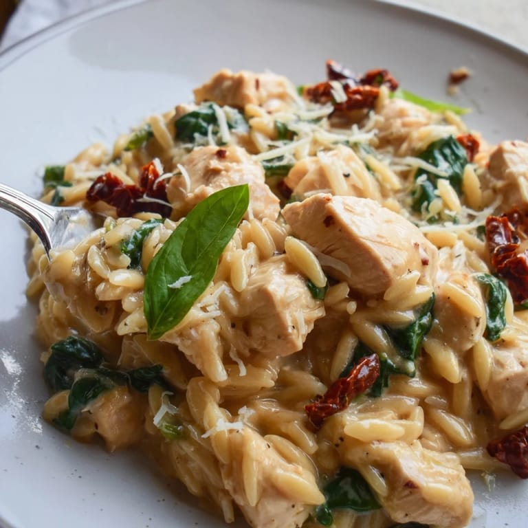 Golden chicken pieces nestled in creamy Tuscan Chicken Orzo with sun-dried tomatoes and wilted spinach.
