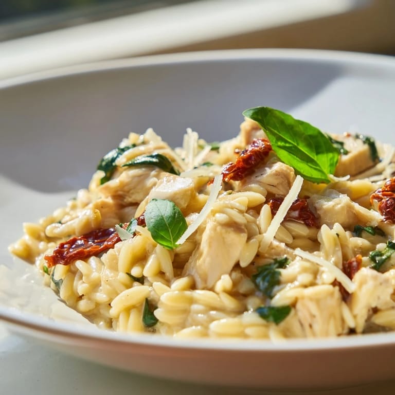 Close-up of vibrant Tuscan Chicken Orzo, highlighting the rich sauce and tender pasta in a rustic setting.