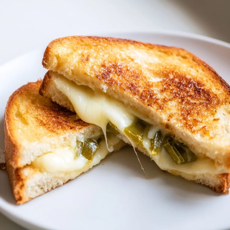 Savory jalapeño pepper jack grilled cheese served on a wooden board, ready to dip in tomato soup.