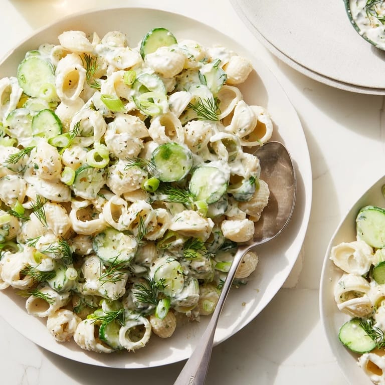 A vibrant serving of Cucumber Crunch Pasta Salad tossed in a tangy dressing, with crisp cucumber pieces and toasted sesame seeds.