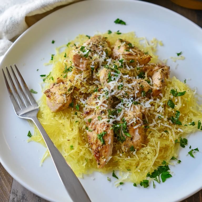 A close-up of Lemon Garlic Chicken Spaghetti Squash on a white plate, garnished with parsley and lemon wedges for a bright, fresh look.
