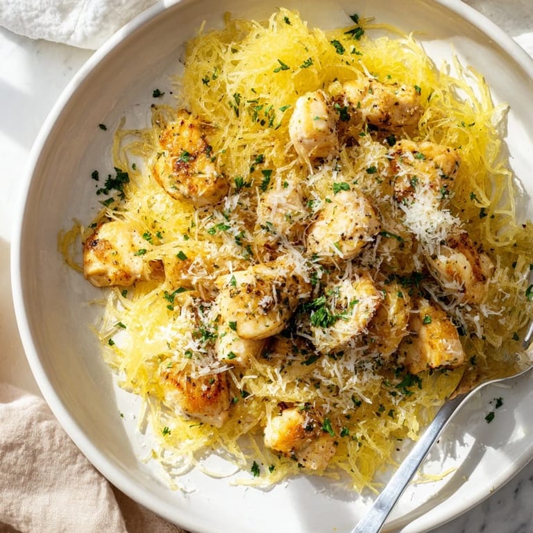 A healthy, gluten-free dinner serving Lemon Garlic Chicken Spaghetti Squash, featuring saucy chicken and roasted squash strands on a rustic wooden table.