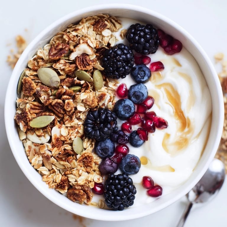 A close-up of a yogurt bowl with mixed berries and a cinnamon-ginger-nutty granola cluster, ready to enjoy.