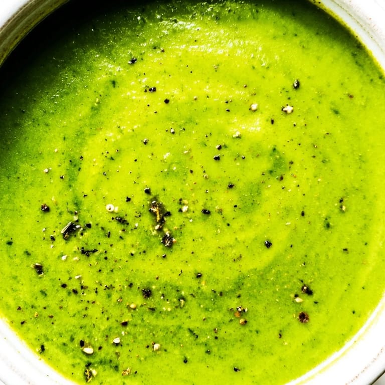 Served in a white ceramic bowl, Big Green Immunity-Boosting Vegetable Soup pairs perfectly with crusty whole-grain bread for dipping.