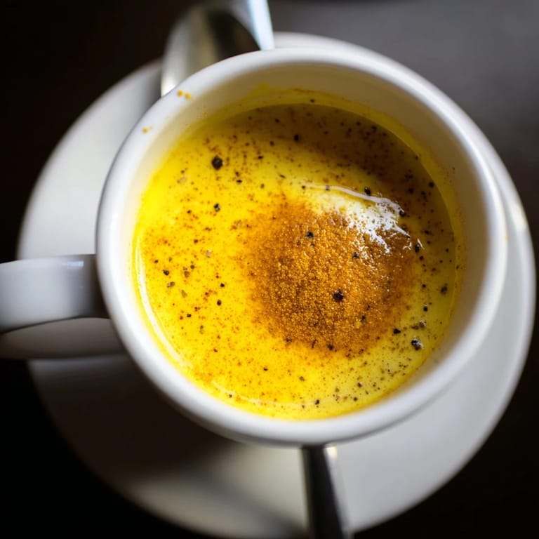 Steaming cup of golden milk made with turmeric and ginger, prepared in a small saucepan for a quick, healthy, and warming drink.