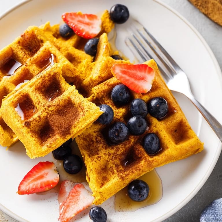 A stack of fluffy Anti-Inflammatory Adaptogenic Turmeric Waffles revealing golden crumb and warm steam rising from the plate. 