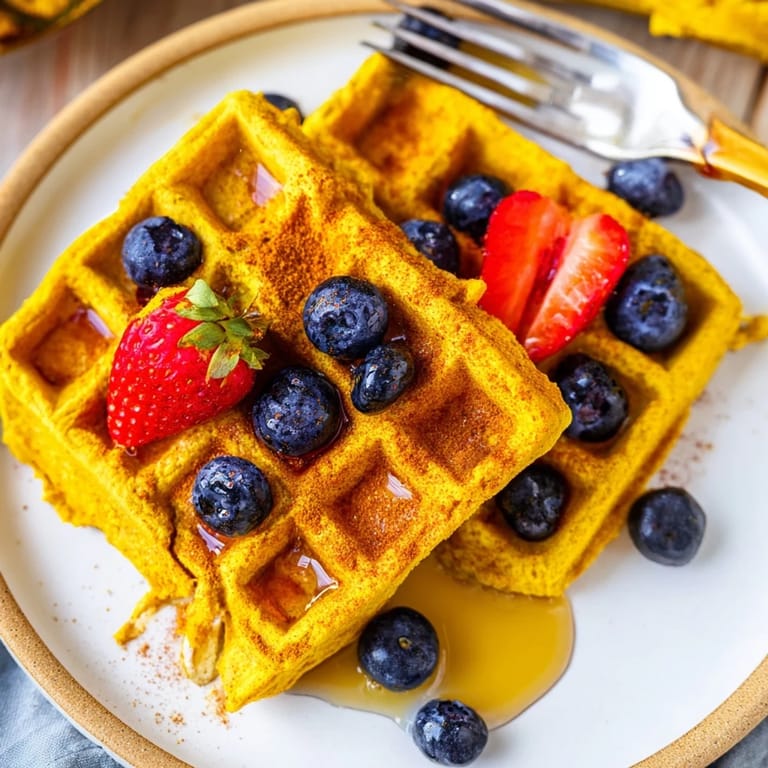 Close-up view of golden Anti-Inflammatory Adaptogenic Turmeric Waffles garnished with sliced banana and chopped nuts.