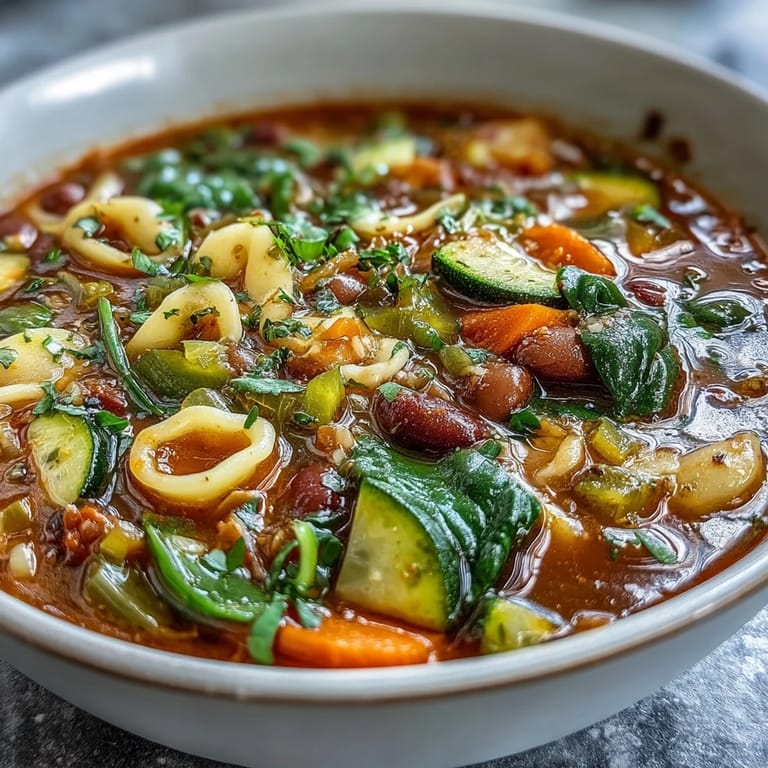 A close-up view of vegetarian Minestrone Soup shows chopped carrots and spinach topped with Parmesan.