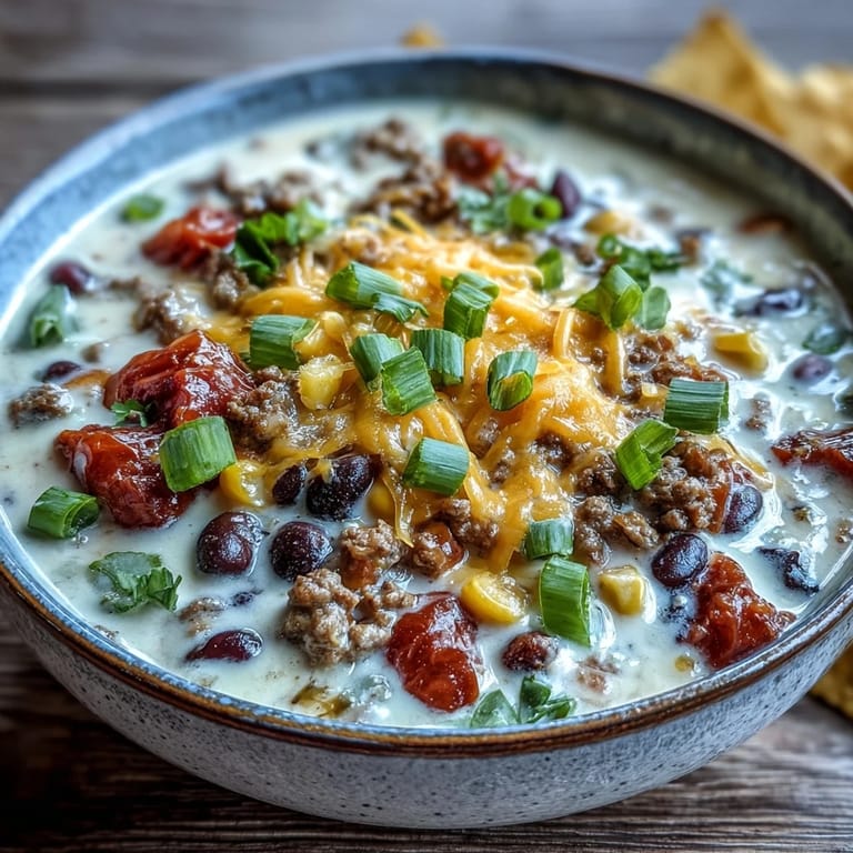A bowl of Creamy Taco Soup topped with melted cheddar, green onions, and a dollop of sour cream, served with tortilla chips.