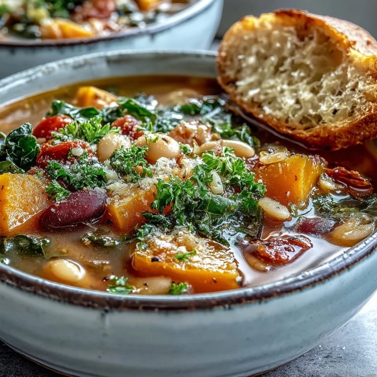 Serving suggestion of homemade Winter Minestrone Soup topped with Parmesan cheese and fresh parsley, paired with crusty bread.