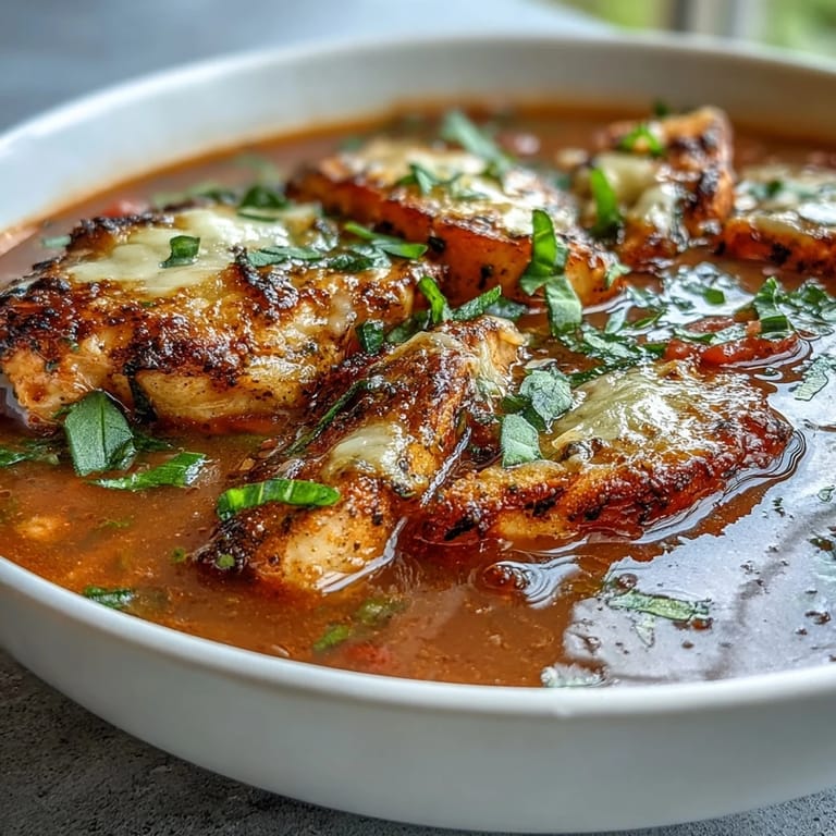 Homemade Grilled Chicken Parmesan Soup with diced grilled chicken in a rich tomato broth.