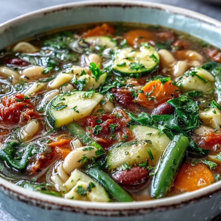 Colorful Minestrone Soup brimming with fresh vegetables, spinach, and herbs in a pot.