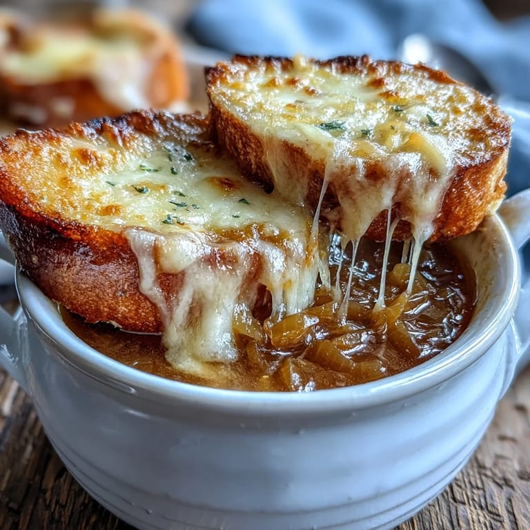Broiled and cheesy Dutch Oven French Onion Soup, ladled into an oven-safe bowl with fresh thyme garnish.