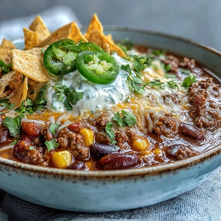 Steam rises from a pot of Taco Soup packed with seasoned beef, beans, corn, and diced tomatoes.