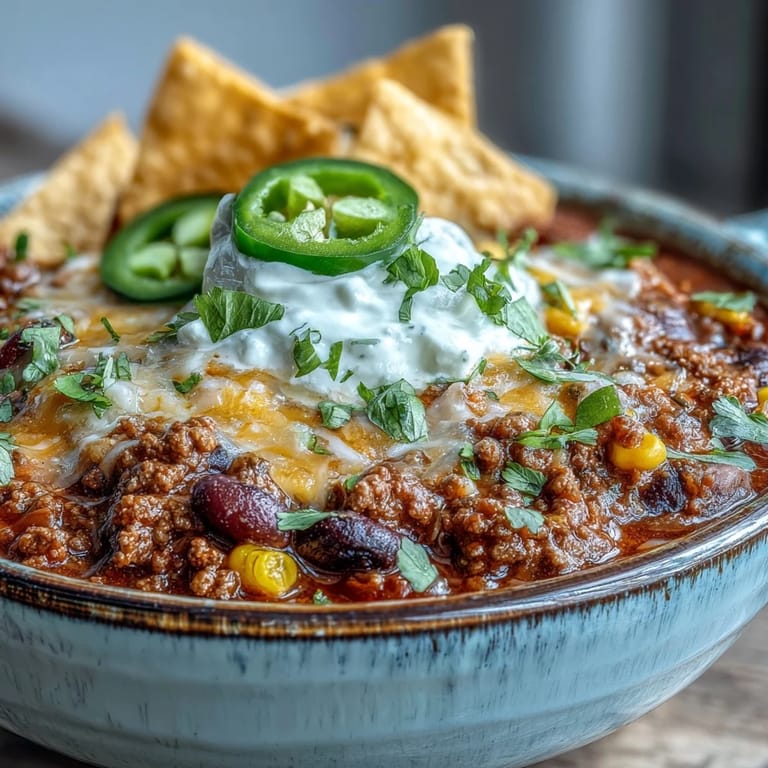 Close-up of Taco Soup in a rustic bowl, garnished with tortilla chips, jalapeños, and lime wedges.