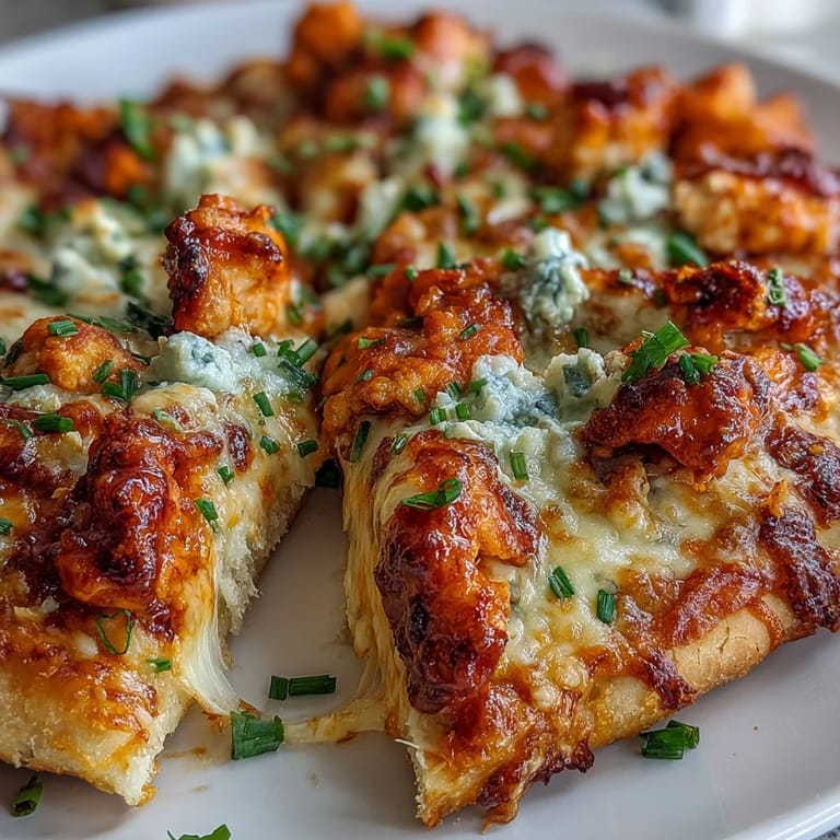 Sliced wedges of Buffalo Chicken Pizza on a wooden board, served with celery sticks and blue cheese crumbles for a classic game-day snack.