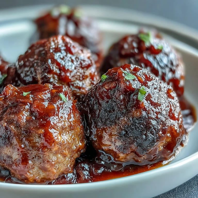Savory meatballs coated in a tangy peach preserve and chili sauce, ideal for a party appetizer.