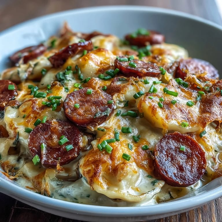 Steaming Crockpot Pierogi Casserole With Kielbasa is served on a rustic plate, garnished with fresh chives and accompanied by a crisp green salad for a complete meal. 