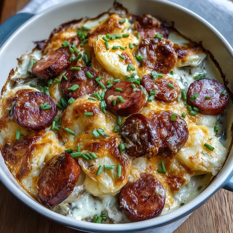 Freshly chopped parsley sprinkles over a hearty serving of Crockpot Pierogi Casserole With Kielbasa, highlighting the creamy texture and colorful layers of onion and cheese.