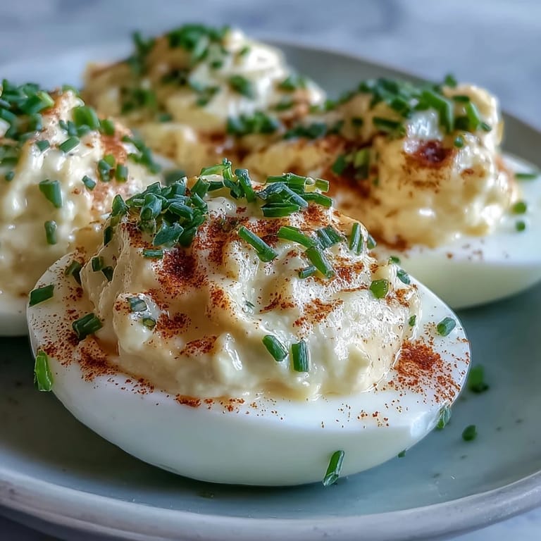 Million Dollar Deviled Eggs served chilled on a platter, ready for a family gathering.