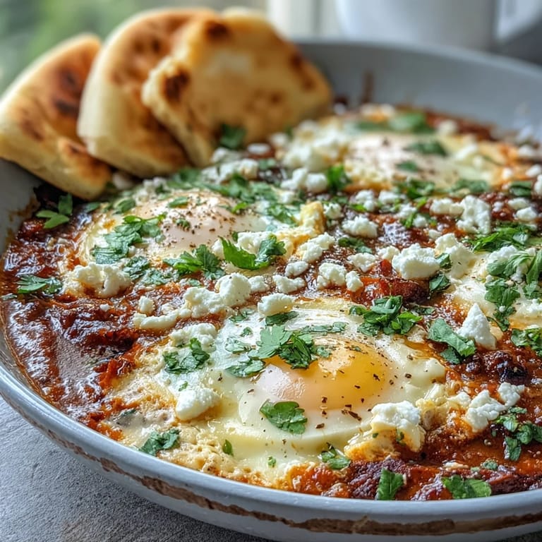 A skillet of bubbling Shakshuka bowl topped with crumbled feta and served with warm pita. 