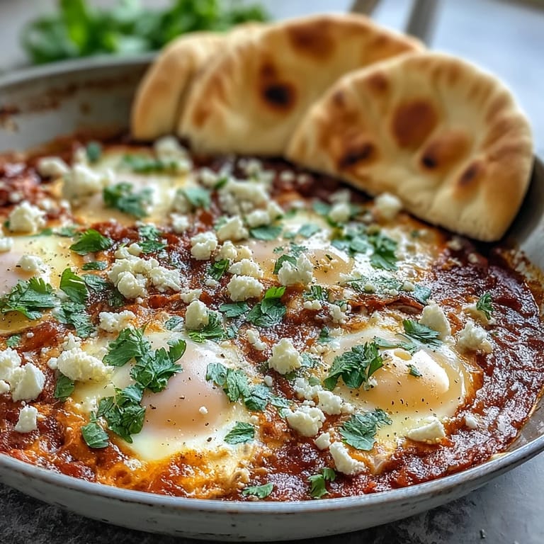 Vibrant Shakshuka bowl with soft yolks, peppers, and spinach, ready to dip with pita bread.