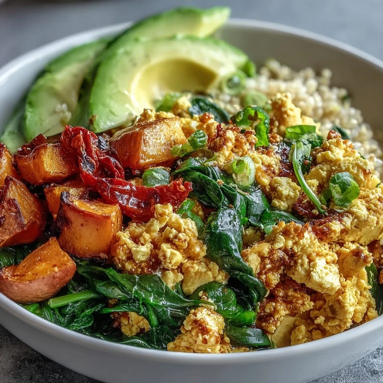 Savory vegan Tofu Scramble Breakfast Bowl with fluffy quinoa, creamy avocado, and golden roasted sweet potatoes for a healthy start.
