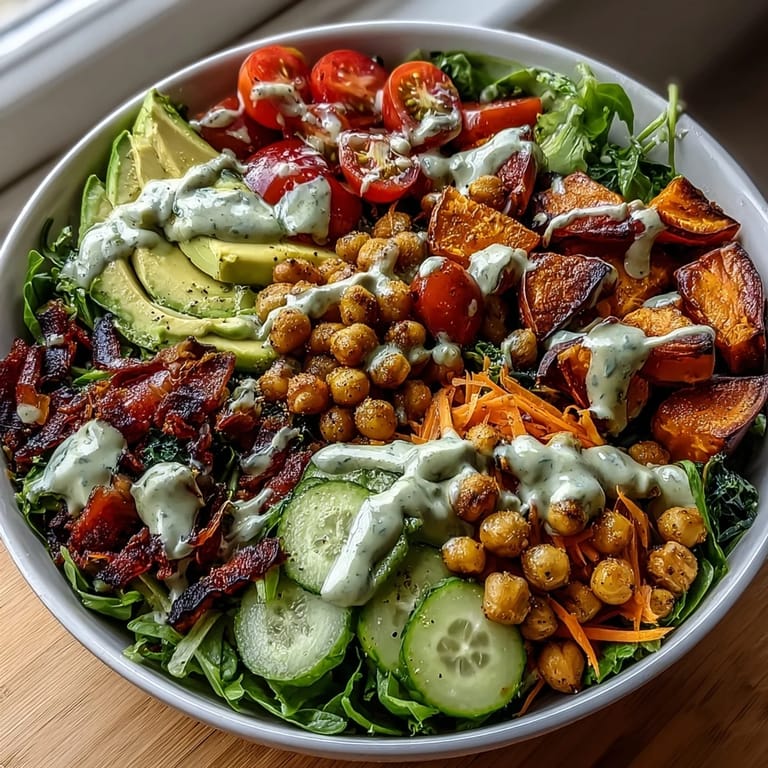 A colorful Breakfast Buddha Bowl filled with mixed greens, cucumber, cherry tomatoes, and shredded carrots, perfect for a healthy vegan breakfast.