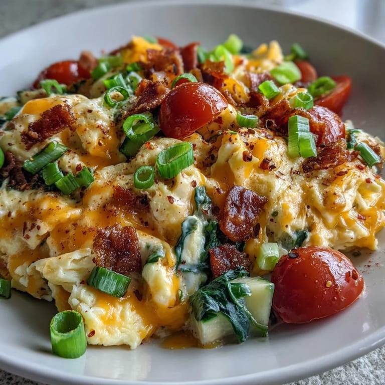 A vegetarian breakfast bowl filled with soft scrambled eggs, spinach, bell peppers, and gooey melted cheese.