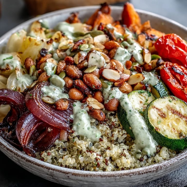 Freshly prepared Veggie and Quinoa Power Bowl featuring black beans, pumpkin seeds, and vibrant zucchini, perfect for a healthy vegetarian weeknight dinner.