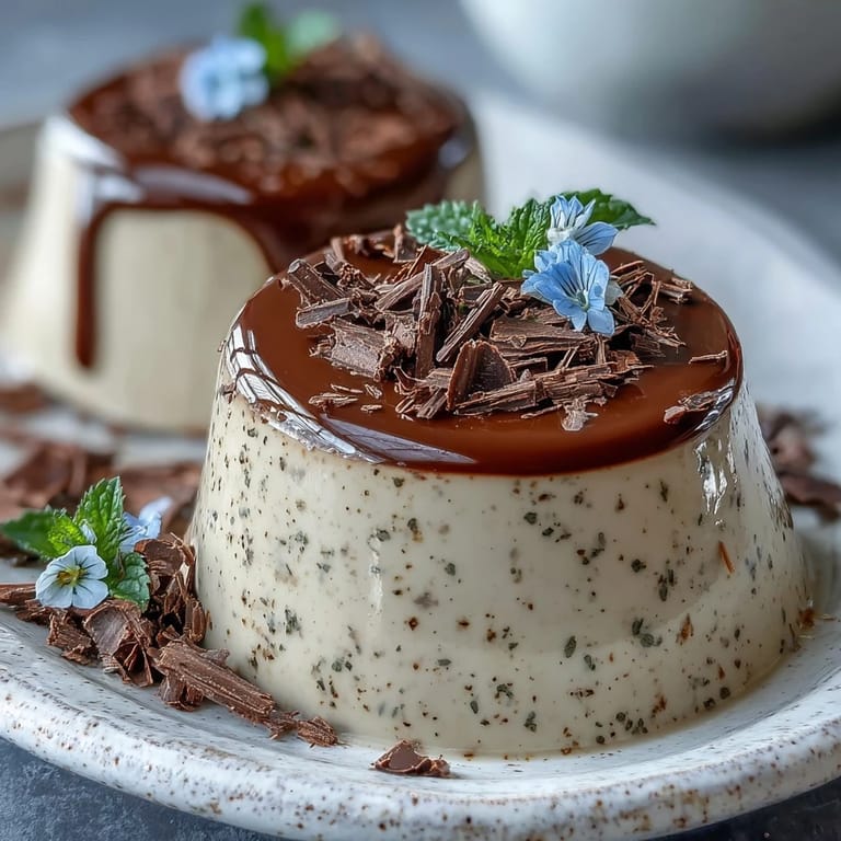 Smooth Hojicha Panna Cotta unmolded onto a plate, showcasing its silky texture and garnished with edible flowers.