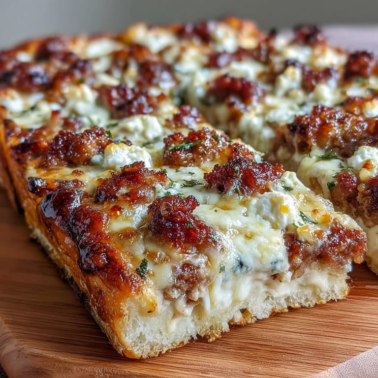 A close-up of Hot Sausage Feta Honey Pizza slice showing gooey mozzarella and a sweet hot honey drizzle.